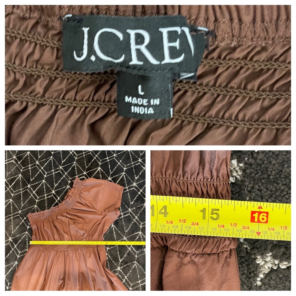 J Crew Smocked one-shoulder dress in cotton poplin Roasted Cocoa Brown - Picture 6 of 8